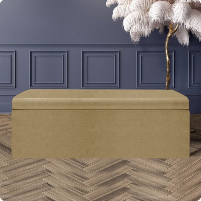 180cm Large Plain Safar Storage Ottoman Box, Beige Naples Upholstered Deep Storage Ottoman End of Bed Bench