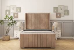 "Sloomy Hargrave Mink Naples Bed Frame With Mattress With 50"" Upholstered Wingback Headboard 4'6 Double"