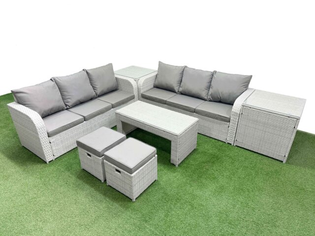 Fimous Outdoor Garden Furniture Sets 8 Seater Wicker Rattan Furniture Sofa Sets with Oblong Coffee Table high Back Lounge Sofa Stools 2 Side Table Light Grey