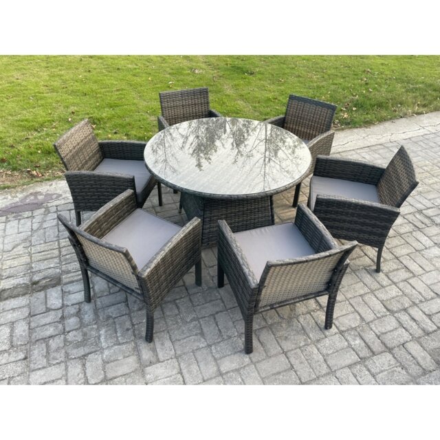 Fimous Wicker PE Outdoor Rattan Garden Furniture Arm Chair And Table Dining Sets 4 Seater Rectangular Table Dark Grey Mixed