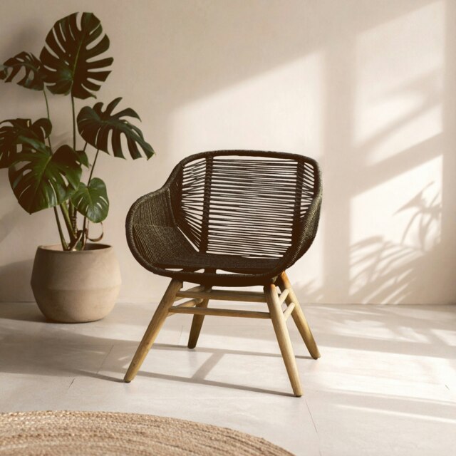 Interiors by Premier Black Rope Armchair, Back and Armrest Garden Chair, Eco-friendly Rope Desk Chair, Lightweight Dining Chair Black