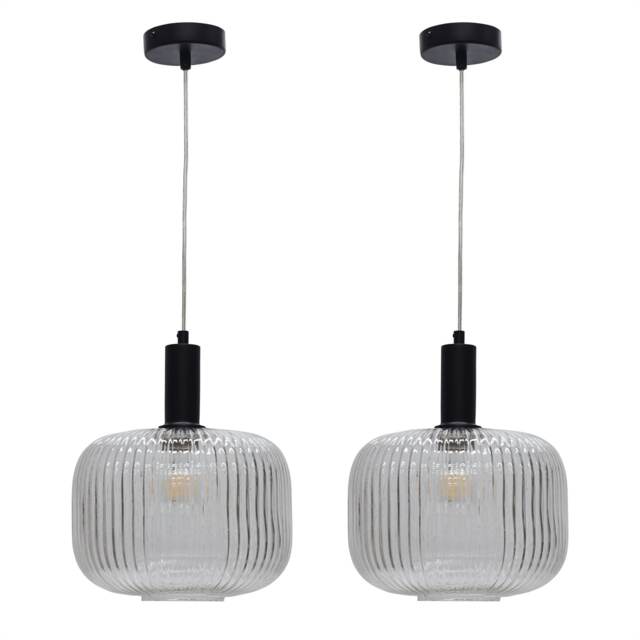 Set of 2 Batley Large - Clear Ribbed Glass Black Deco Pendant Fittings