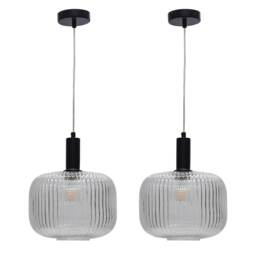 Set of 2 Batley Large - Clear Ribbed Glass Black Deco Pendant Fittings