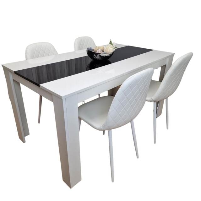 Wooden White Black Dining Table with 4 White Faux Leather Chairs Set