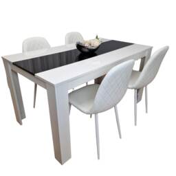 Wooden White Black Dining Table with 4 White Faux Leather Chairs Set