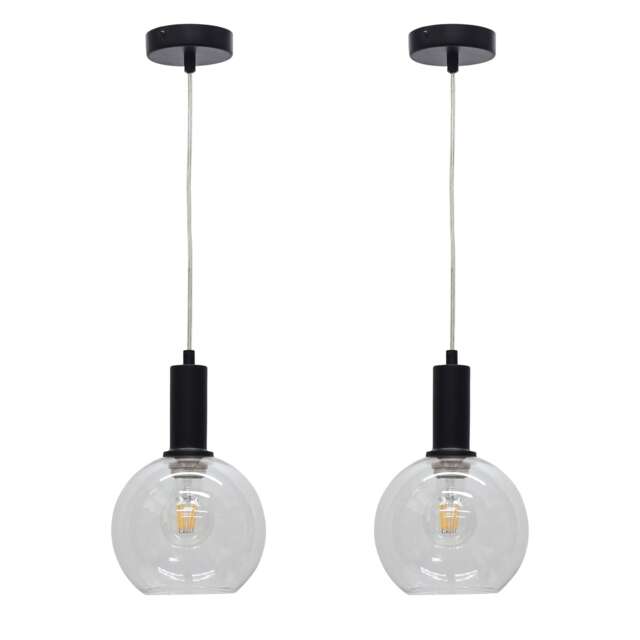 Set of 2 Barnum - Clear Glass Globe Black Deco Pendant Fittings