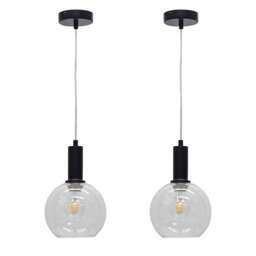 Set of 2 Barnum - Clear Glass Globe Black Deco Pendant Fittings