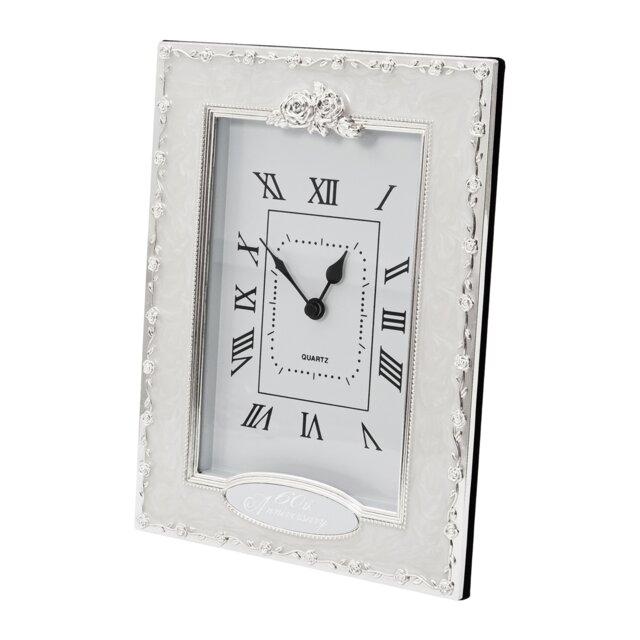 60th Anniversary Clock in White Epoxy with Silver Plated Metal Roses
