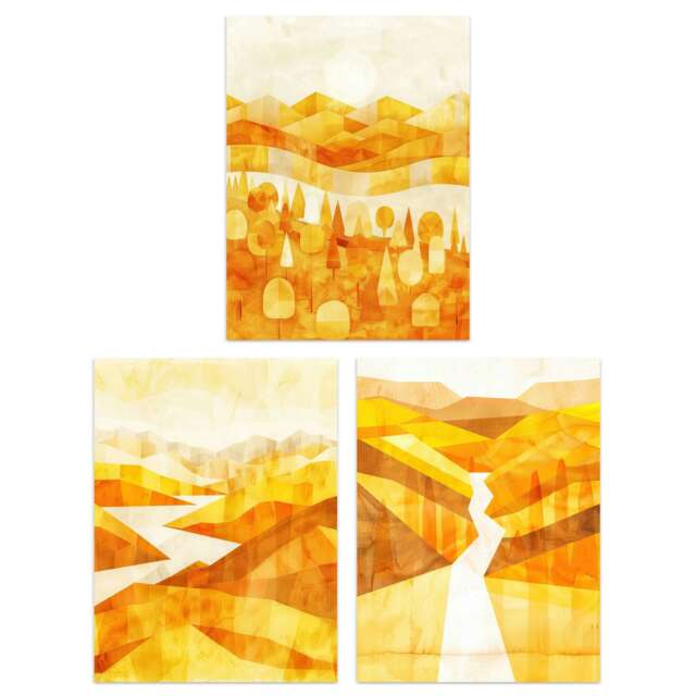 Set of 3 Abstract Amber Gold Mountain Landscapes Living Room 12X16 Inch Wall Art Prints Pack