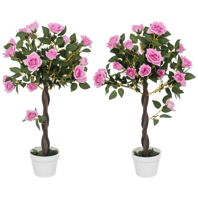 Outsunny Set of 2 90cm3FT Artificial Rose Tree, Fake Decorative Plant with Pot, UV-Resistant FauTree for Outdoor Indoor Home Office Decor, Purple
