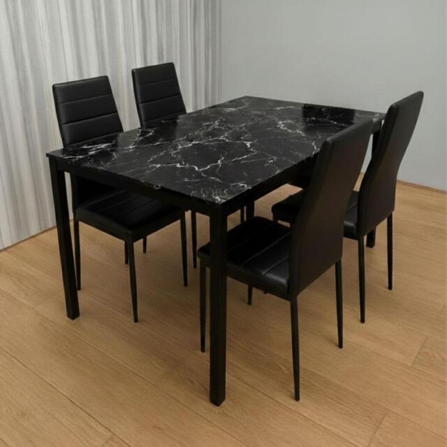 Black Marble Effect Dining Table with 4 Black Faux Leather Chairs Kitchen Furniture