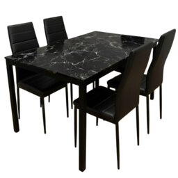 Black Marble Effect Dining Table with 4 Black Faux Leather Chairs Kitchen Furniture