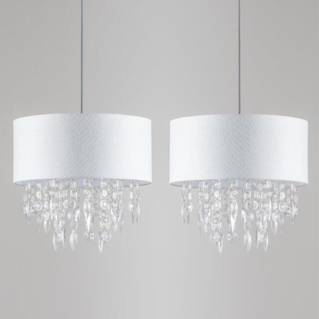 Set of 2 Fiji - White Fleck Jewelled Easy Fit 40cm Pendant Shades White White linen with silver slub with clear acrylic detail 2