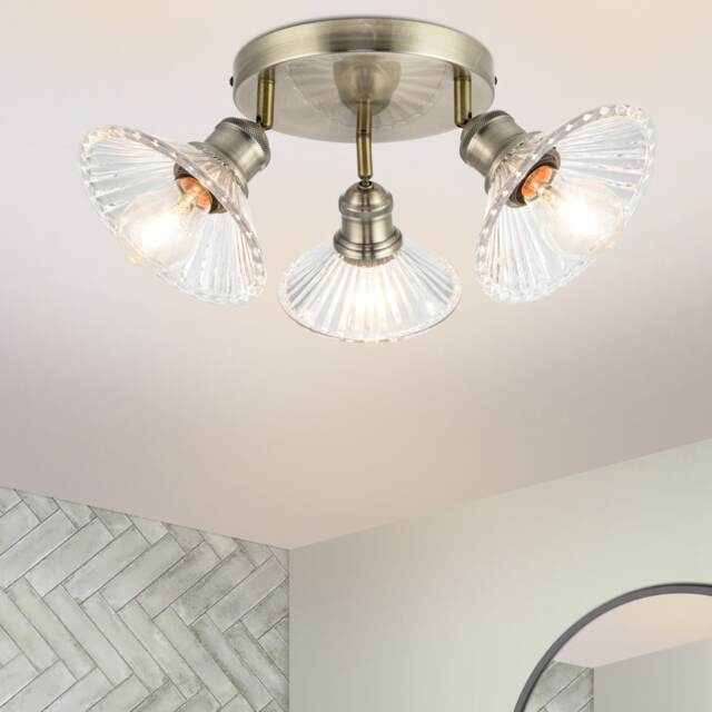 COSYLYTE Milan Bathroom 3 Light Ribbed Glass Clustered Spotlight - Antique Brass Gold Antique Brass 1