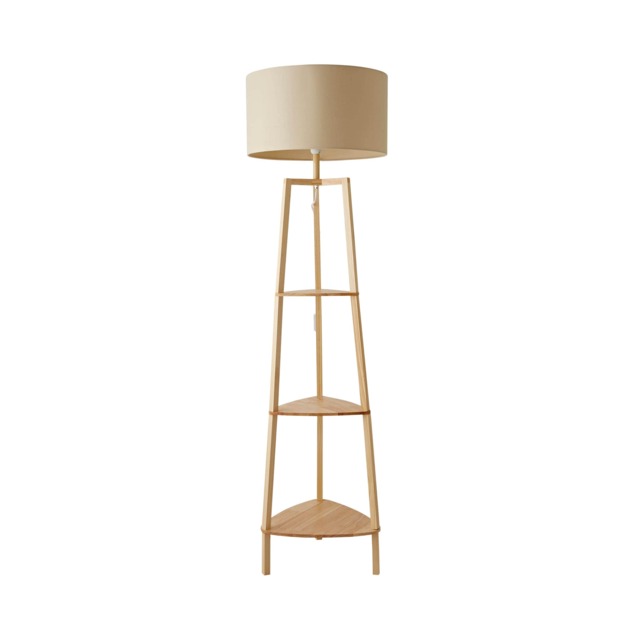 ValueLights Hiru Wooden 3 Tier Shelf Floor Lamp Cream Shade