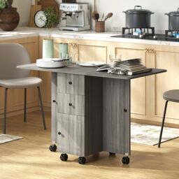 HOMCOM Folding Dining Table for 4-6, Rolling Drop Leaf Table on Wheels with Storage Drawers, Cabinet and Open Shelf for Kitchen, Dining Room, Grey