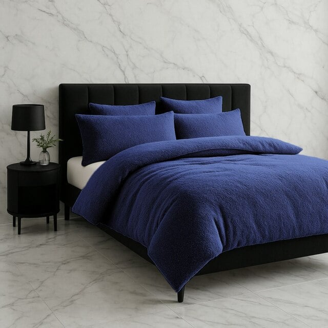 Teddy Bear Fleece Soft Cosy Duvet Cover + Pillow Case Set Blue Navy Blue King