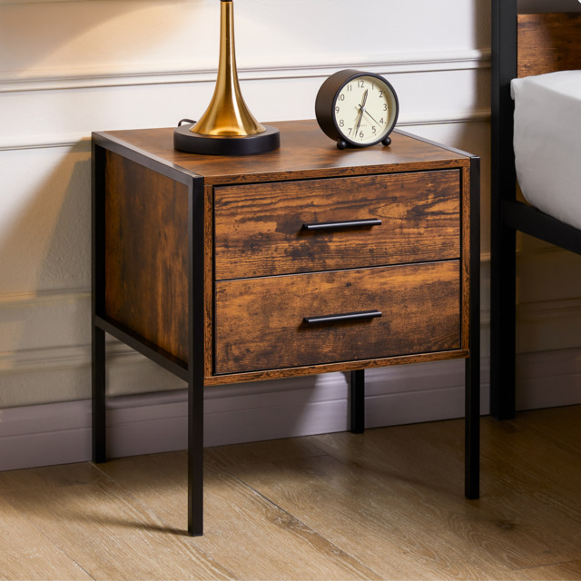 Vida Designs Brooklyn 2 Drawer Bedside Cabinet Industrial Cabinet Table Nightstand, Dark Wood