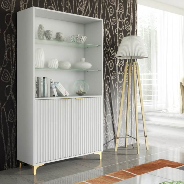 Display Cabinet Bookcase Storage Cabinet White Fluted Doors Gold Legs 175cm