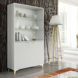 Display Cabinet Bookcase Storage Cabinet White Fluted Doors Gold Legs 175cm