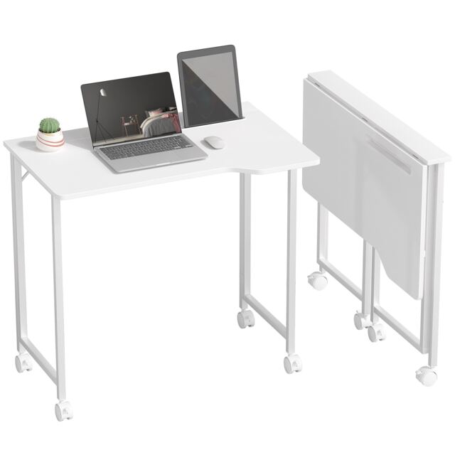 HOMCOM Small Folding Desk, 80 cm Foldable Computer Desk on Wheels for Small Space, Space Saving Writing Table with Device Slot for Home Office, Bedroom, Easy Assembly, White Wood Effect White