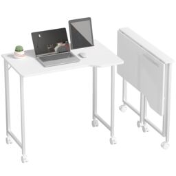 HOMCOM Small Folding Desk, 80 cm Foldable Computer Desk on Wheels for Small Space, Space Saving Writing Table with Device Slot for Home Office, Bedroom, Easy Assembly, White Wood Effect White