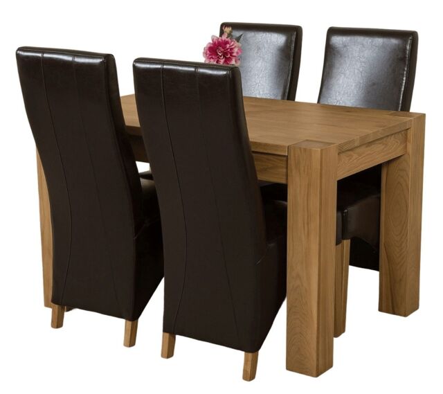 Kuba 125 x 80 cm Chunky Oak Small Dining Table and 4 Lola Leather Chairs Brown Brown