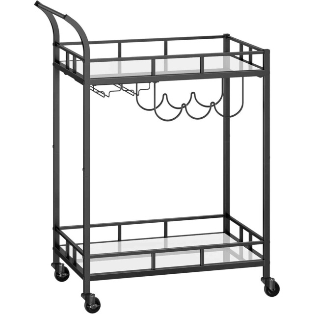 Mirrored Bar Cart, Rolling Drinks Trolley with Bottle Rack and Glass Holders, Black
