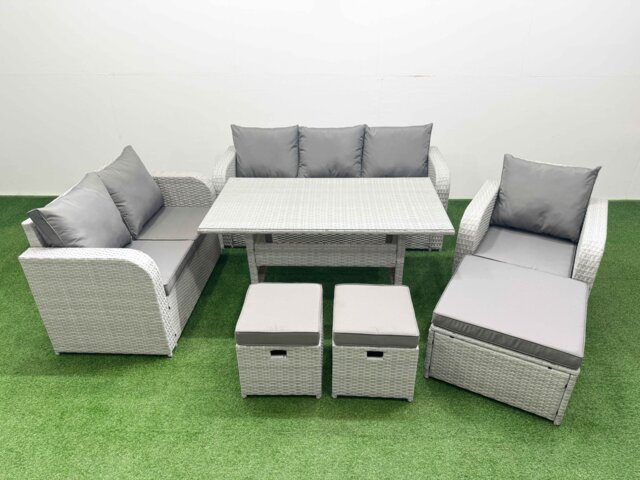 Fimous Patio PE Wicker 9 Seater Outdoor Rattan Furniture Sofa Sets with Rectangular Dining Table Reclining Chair Loveseat Sofa 3 Seater Sofa Stool Light Grey