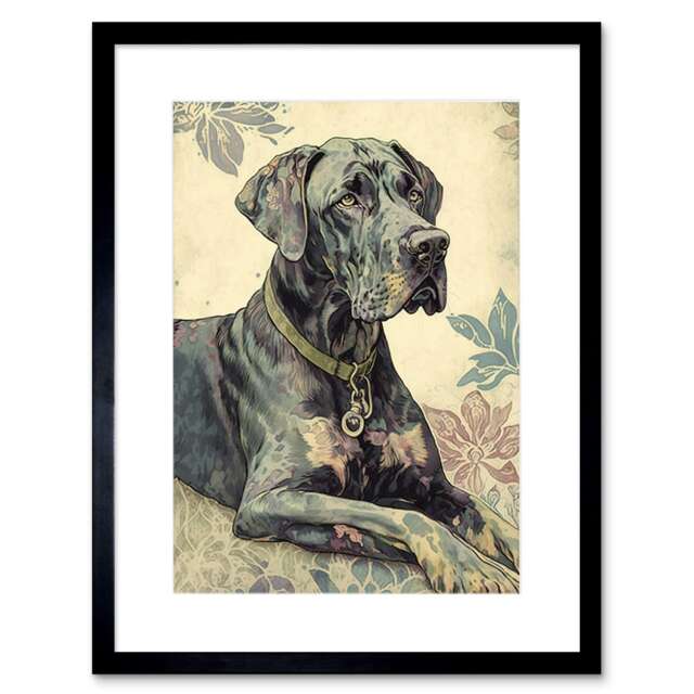 "Great Dane Dog Floral Pattern Modern 9x7"" Black Framed Wall Art Print"