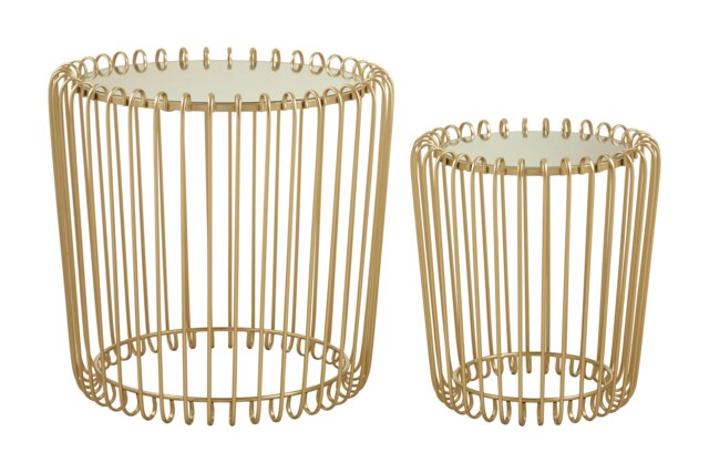Interiors by Premier Set of 2 Champagne Wireframe Side Tables, Gold with Mirrored Tops Bedside Tables, End Tables for Lounge Gold