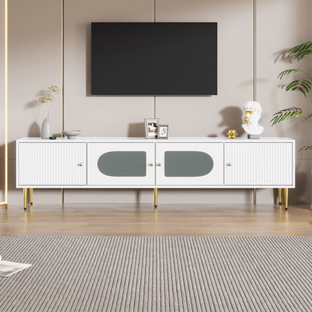 VILUXE 170cm TV Stand for TVs up to 70 Inches with 4 Doors, 2 Glass Display Doors, Metal Legs and Silent Hinges, White