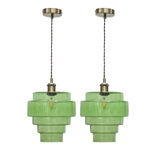 Set of 2 Benson - 5 Tier Green & Antique Brass Ceiling Pendant Lights