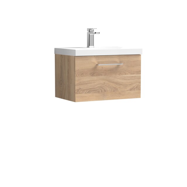 Balterley Contemporary Bathroom Wall Hung 1 Soft-Close Drawer Vanity Unit with Mid-Edge Ceramic Basin Brown Bleached Oak