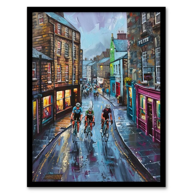 Cyclists Tour De Yorkshire Race Modern Black Framed Wall Art Print A4