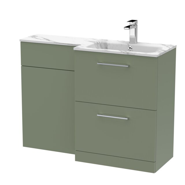 Balterley Bramshall Contemporary Floor Standing 2 Drawer Vanity Basin WC Combination Unit, Carrera Marble Stone Basin, Right Hand, 1100mm, Satin Green