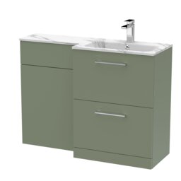 Balterley Bramshall Contemporary Floor Standing 2 Drawer Vanity Basin WC Combination Unit, Carrera Marble Stone Basin, Right Hand, 1100mm, Satin Green