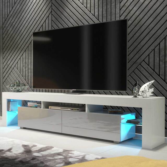 TV Stand TV Unit Cabinet Sideboard Grey High Gloss Doors Free LED 200cm