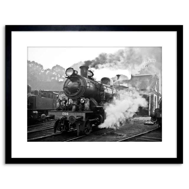 "Vintage Photo Steam Train Black White Engine 9x7"" Black Framed Wall Art Print"