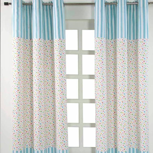 Homescapes Cotton Multi Stars Ready Made Eyelet Curtain Pair - 137 x 182 cm Drop Blue Multi Colour