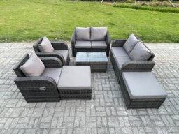 Fimous 8 Seater Garden Furniture Set Rattan Outdoor Lounge Sofa Chair With Tempered Glass Table 2 Big Footstool Dark Grey Mixed