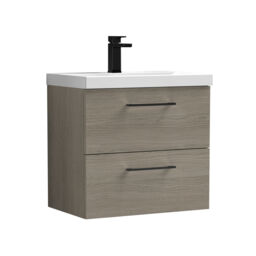 Balterley Wall Hung Bathroom 2 Drawer Vanity Unit and 1 Tap Hole Ceramic Basin, Woodgrain Mid Oak with Handles Brown Solace Oak