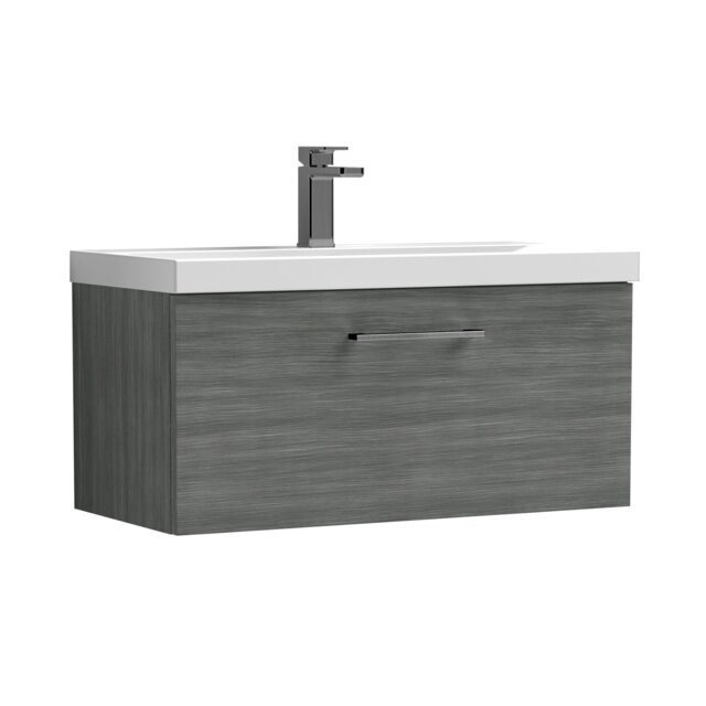 Balterley Wall Hung Bathroom 1 Drawer Vanity Unit and 1 Tap Hole Ceramic Basin, with Handle Grey Anthracite Woodgrain