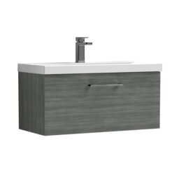 Balterley Wall Hung Bathroom 1 Drawer Vanity Unit and 1 Tap Hole Ceramic Basin, with Handle Grey Anthracite Woodgrain