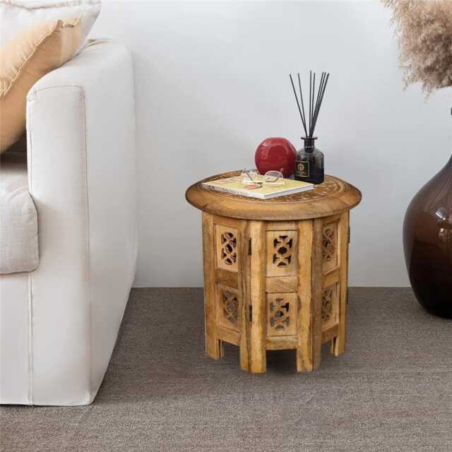 Antique Effect Round Carved Wooden Bedside Lamp Table Side End Coffee Table Small 30 x 30 x 30 cm