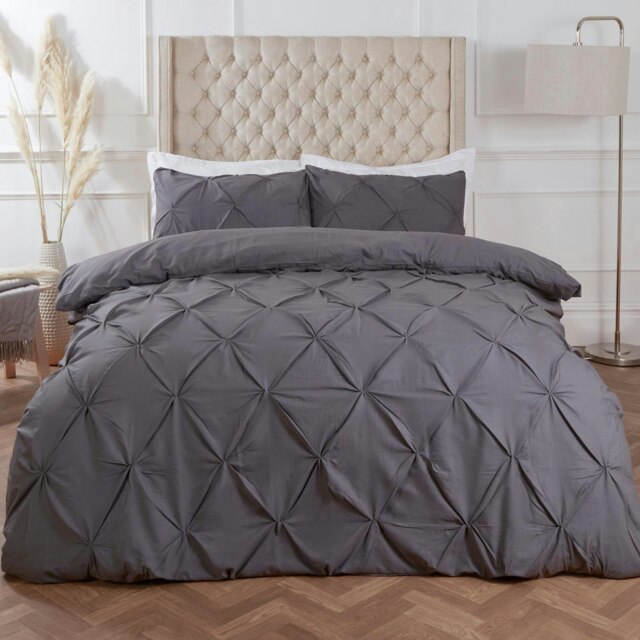 OHS Pinch Pleat Diamond Pintuck Duvet Cover and Pillowcase Set, Double - Charcoal