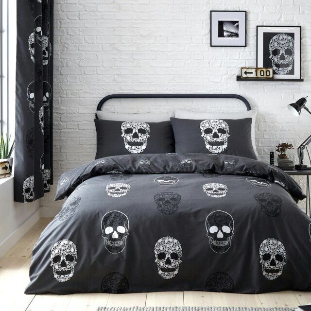 Catherine Lansfield Skulls Reversible Single Duvet Cover Set Grey