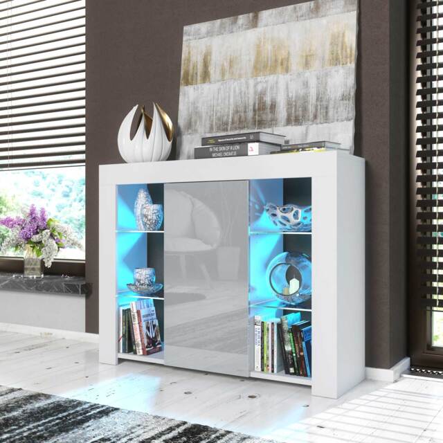 Display Cabinet Bookcase Sideboard Storage Cabinet Cupboard Grey High Gloss LED 97.5cm