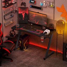 HOMCOM Gaming Desk 120 x 65 cm Steel Frame with Cup Holder, Headphone Hook, Adjustable Feet and Cable Organiser, Home Office Computer Table, Black