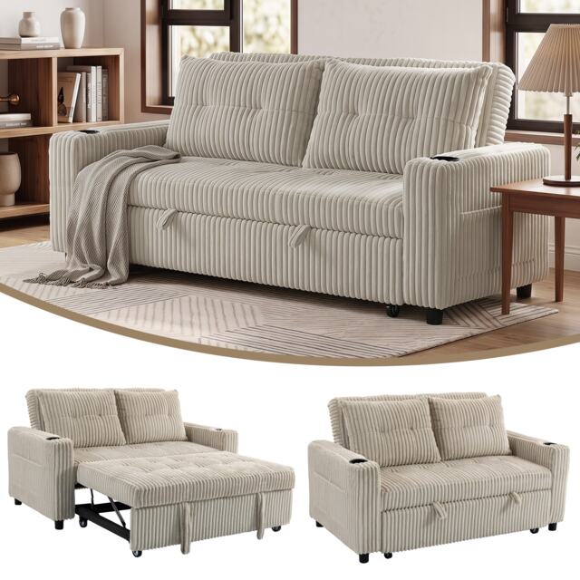 HOMCOM Corduroy Click Clack Sleeper Sofa with Pull Out Design, Cream White